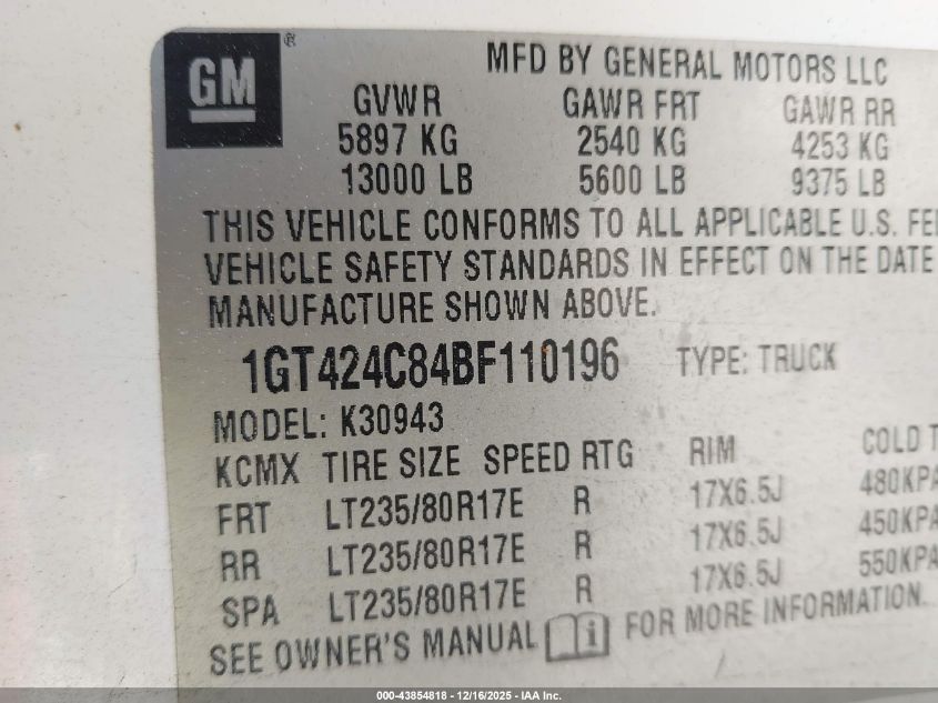 2011 GMC Sierra 3500Hd Slt VIN: 1GT424C84BF110196 Lot: 43854818