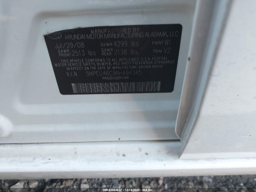 2009 Hyundai Sonata Limited VIN: 5NPEU46C99H494345 Lot: 43854837