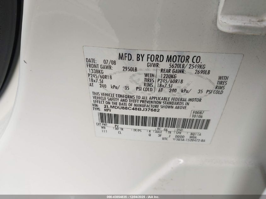 2008 Lincoln Mkx VIN: 2LMDU88C48BJ37682 Lot: 43854835