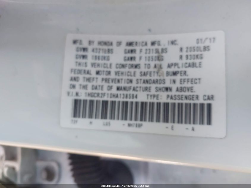 2017 Honda Accord Sport Se VIN: 1HGCR2F10HA138594 Lot: 43854843