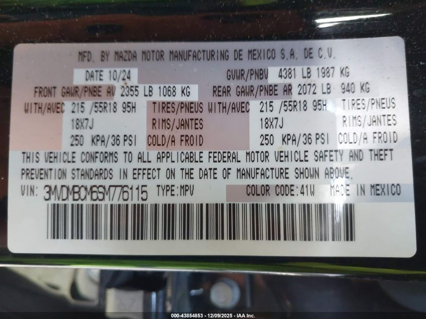 2025 Mazda Cx-30 2.5 S Preferred Package VIN: 3MVDMBCM6SM776115 Lot: 43854853