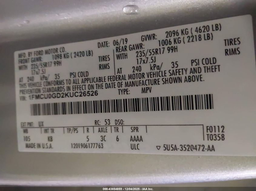 2019 Ford Escape Se VIN: 1FMCU0GD2KUC26526 Lot: 43854859