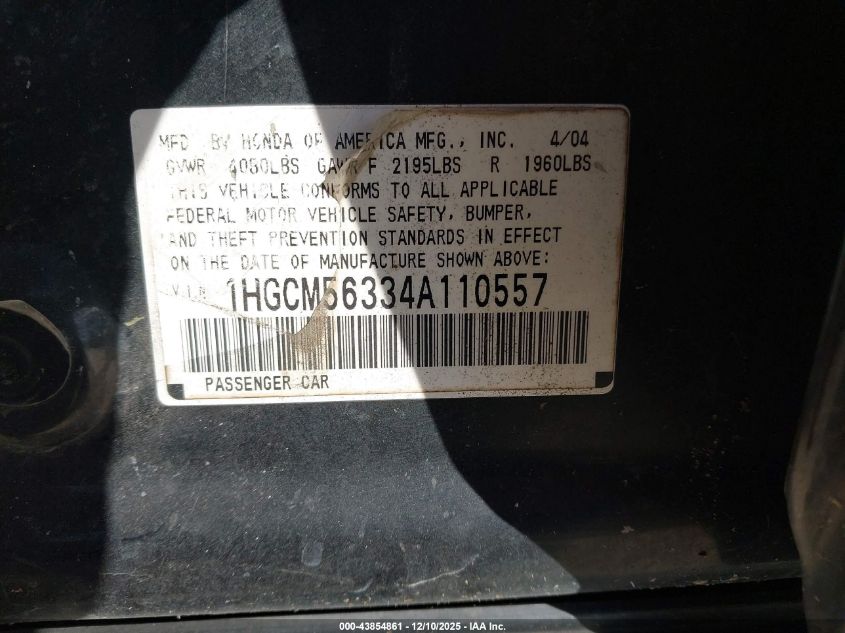 2004 Honda Accord 2.4 Lx VIN: 1HGCM56334A110557 Lot: 43854861