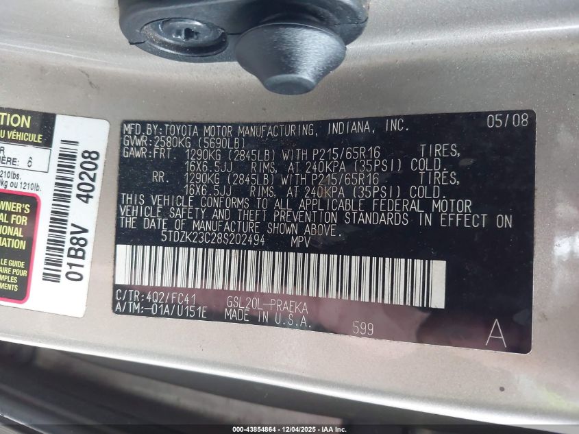 2008 Toyota Sienna Le VIN: 5TDZK23C28S202494 Lot: 43854864