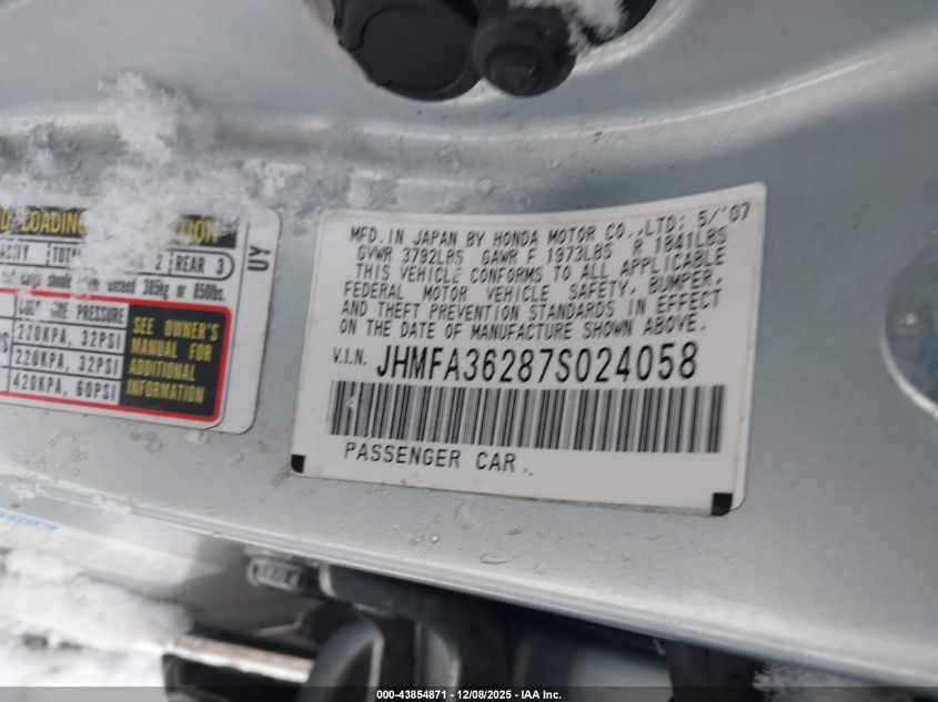 2007 Honda Civic Hybrid VIN: JHMFA36287S024058 Lot: 43854871