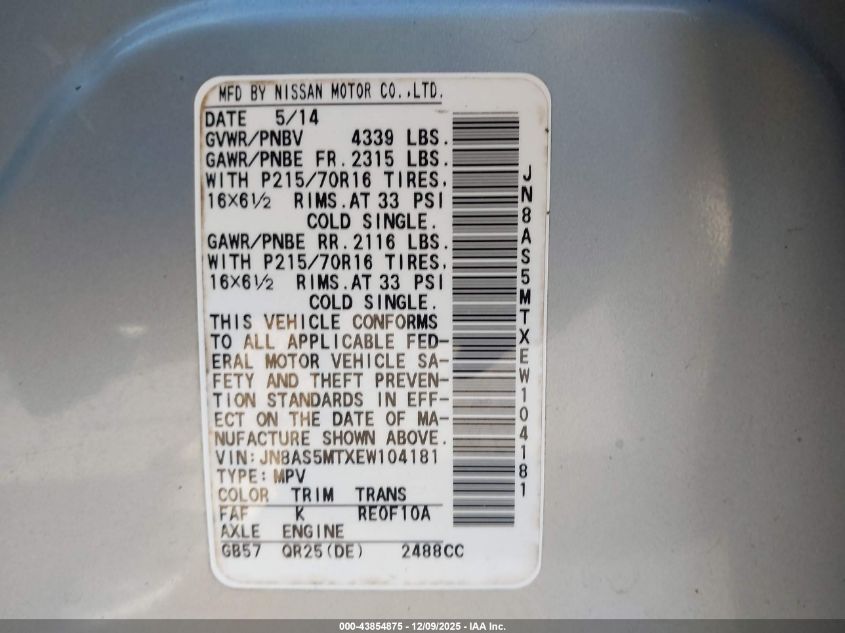 2014 Nissan Rogue Select S VIN: JN8AS5MTXEW104181 Lot: 43854875