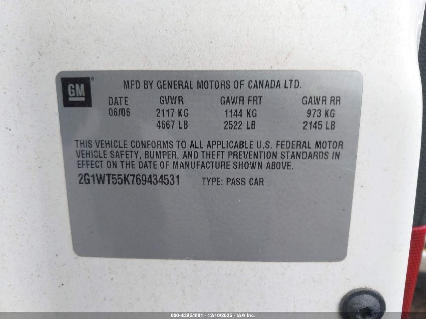 2006 Chevrolet Impala Lt VIN: 2G1WT55K769434531 Lot: 43854881