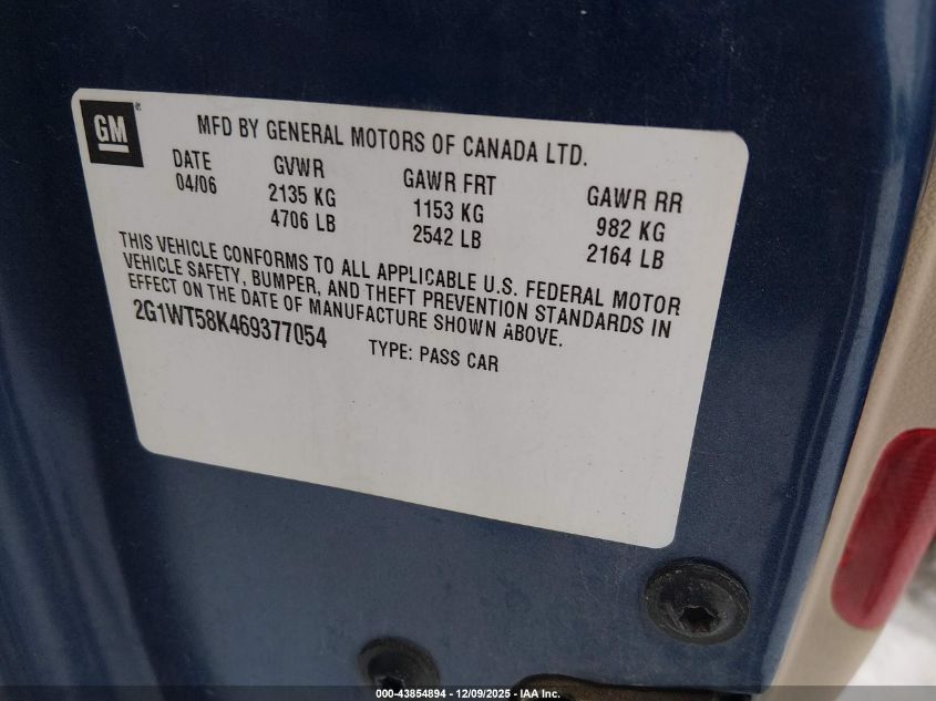 2006 Chevrolet Impala Lt VIN: 2G1WT58K469377054 Lot: 43854894