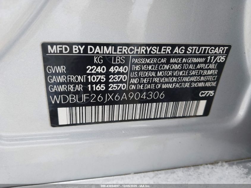 2006 Mercedes-Benz E 320 Cdi VIN: WDBUF26JX6A904306 Lot: 43854897