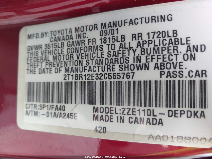 2T1BR12E32C565767 2002 TOYOTA COROLLA photo no. 9