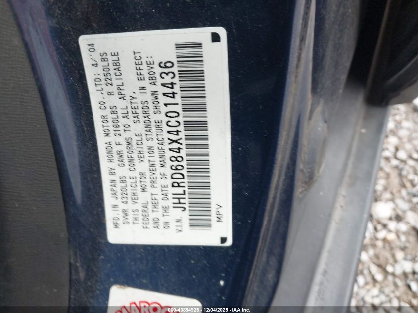 2004 Honda Cr-V Lx VIN: JHLRD684X4C014436 Lot: 43854926