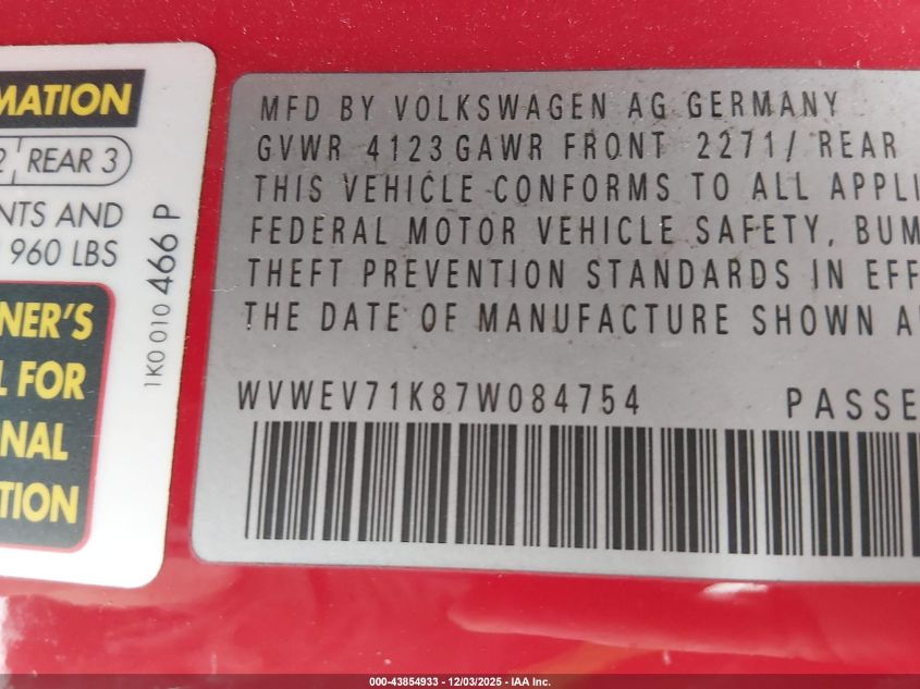2007 Volkswagen Gti 2-Door VIN: WVWEV71K87W084754 Lot: 43854933
