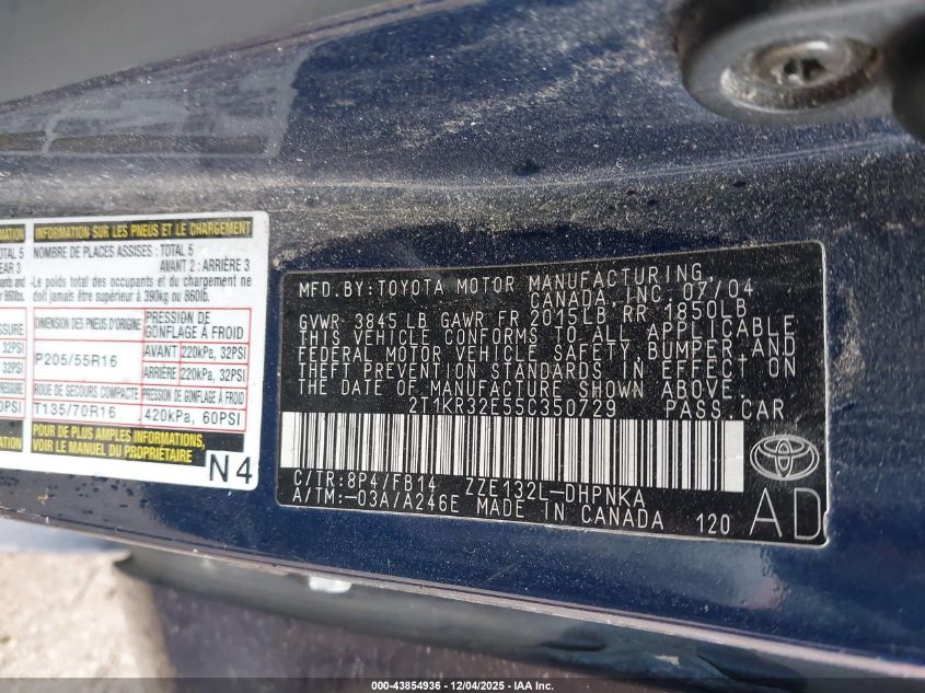 2005 Toyota Matrix Xr VIN: 2T1KR32E55C350729 Lot: 43854936