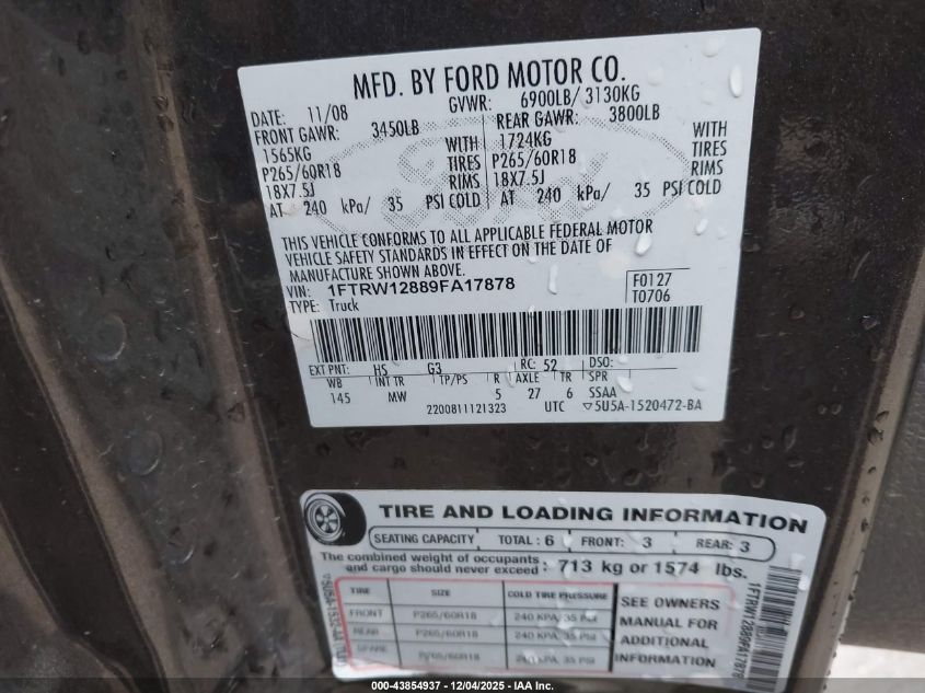 2009 Ford F-150 Xlt VIN: 1FTRW12889FA17878 Lot: 43854937