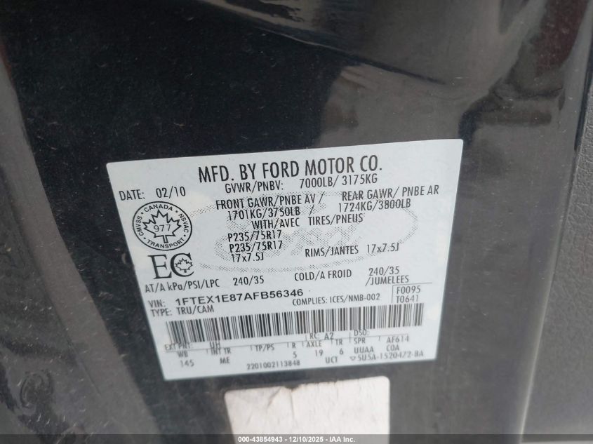 2010 Ford F-150 Stx/Xl/Xlt VIN: 1FTEX1E87AFB56346 Lot: 43854943