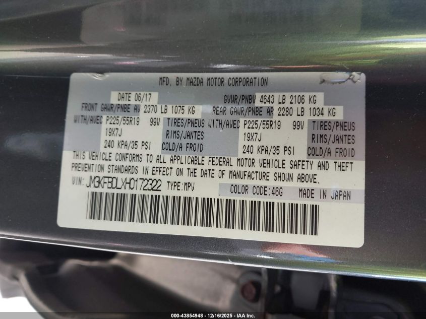 2017 Mazda Cx-5 Grand Touring VIN: JM3KFBDLXH0172322 Lot: 43854948