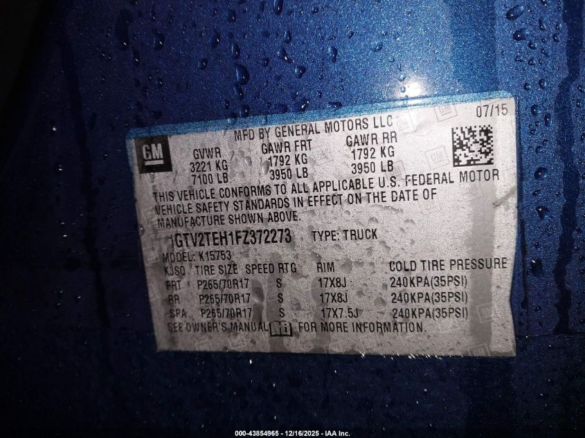 2015 GMC Sierra 1500 VIN: 1GTV2TEH1FZ372273 Lot: 43854965