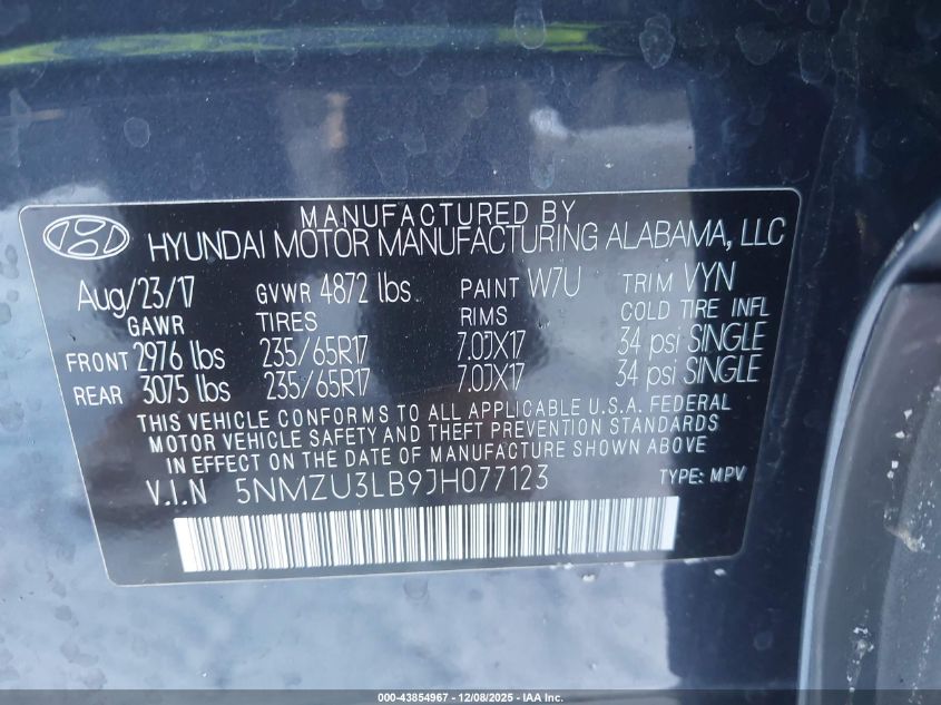 2018 Hyundai Santa Fe Sport 2.4L VIN: 5NMZU3LB9JH077123 Lot: 43854967