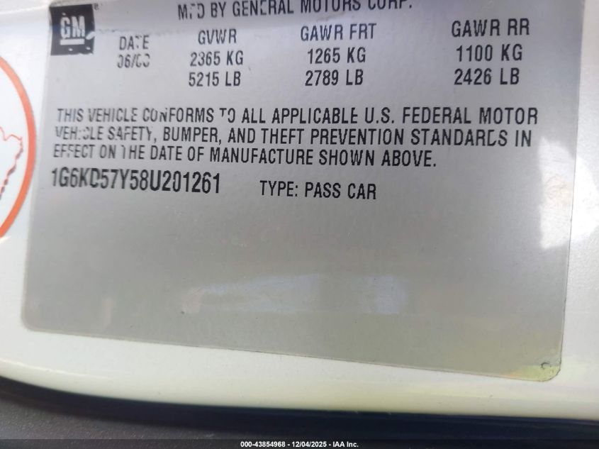 2008 Cadillac Dts 1Sd VIN: 1G6KD57Y58U201261 Lot: 43854968