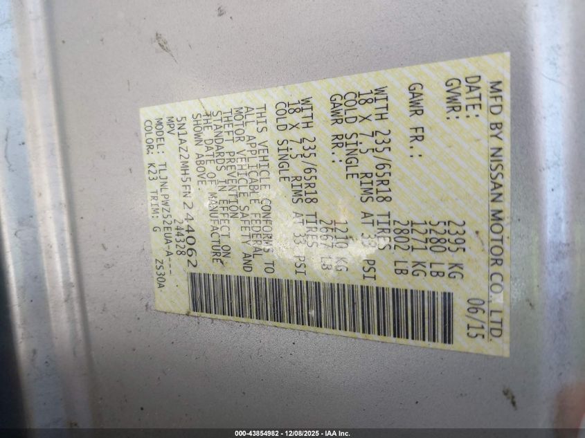 2015 Nissan Murano S VIN: 5N1AZ2MH5FN244062 Lot: 43854982