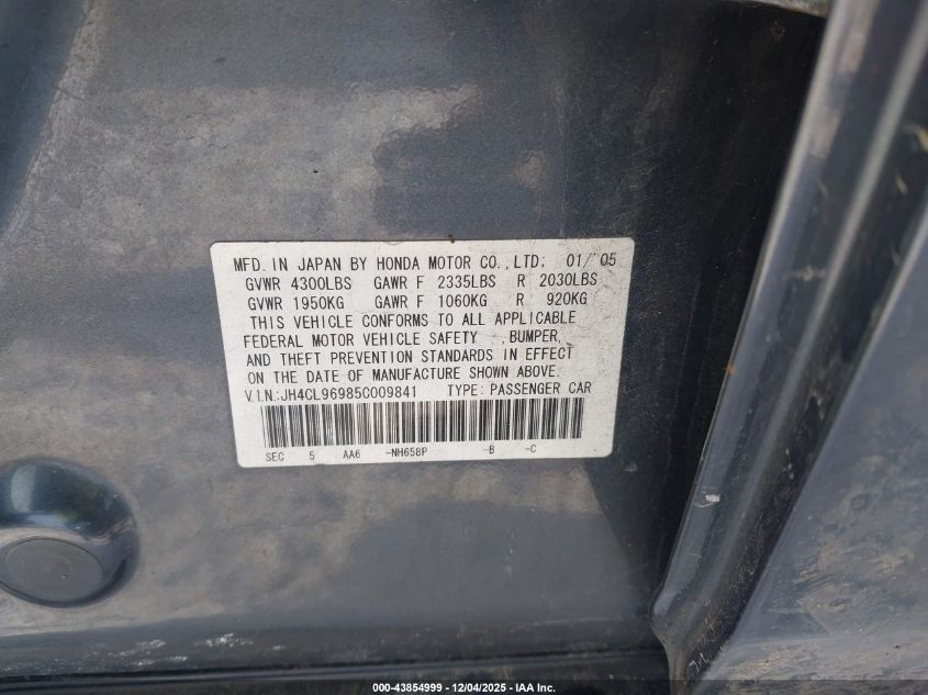 2005 Acura Tsx VIN: JH4CL96985C009841 Lot: 43854999