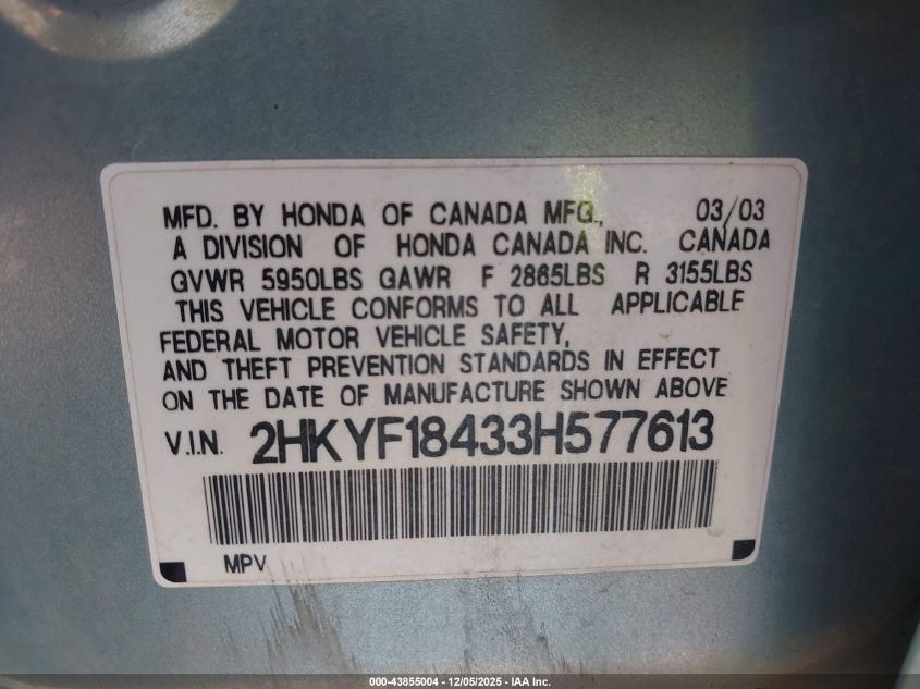 2003 Honda Pilot Ex VIN: 2HKYF18433H577613 Lot: 43855004