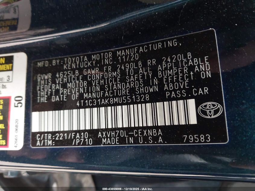 2021 Toyota Camry Le Hybrid VIN: 4T1C31AK8MU551328 Lot: 43855006