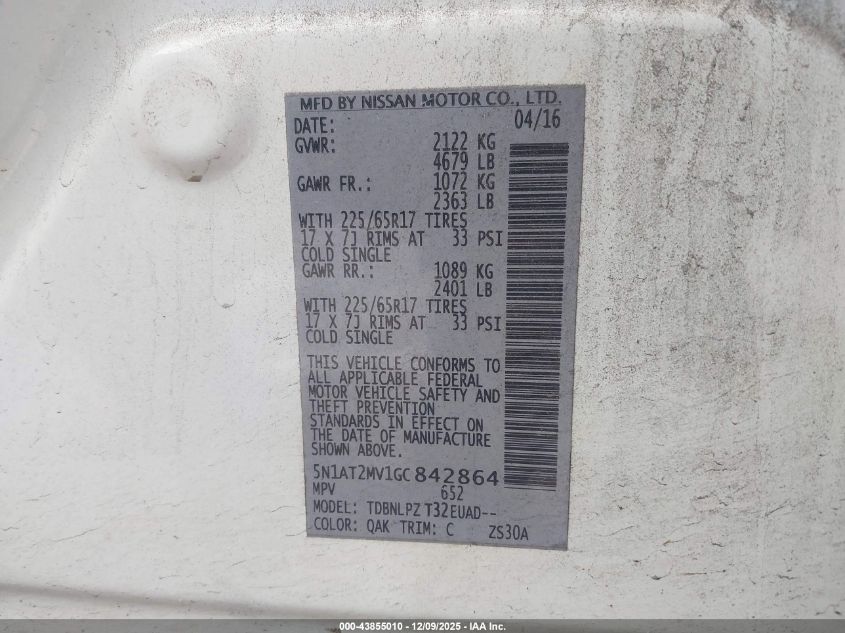 2016 Nissan Rogue S VIN: 5N1AT2MV1GC842864 Lot: 43855010