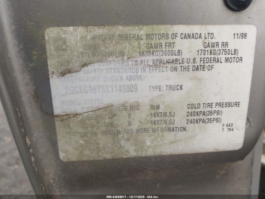 1999 Chevrolet Silverado 1500 Ls VIN: 2GCEC19T5X1149809 Lot: 43855017