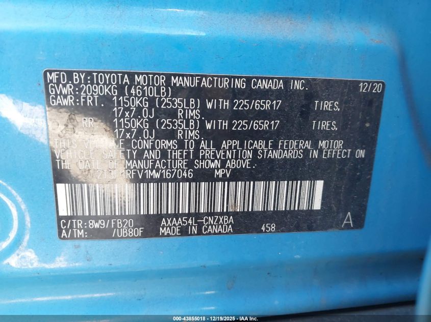 2021 Toyota Rav4 Le VIN: 2T3F1RFV1MW167046 Lot: 43855018