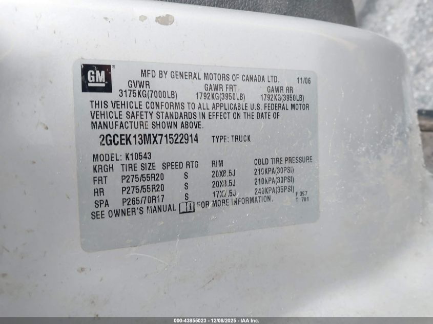 2007 Chevrolet Silverado 1500 Ltz VIN: 2GCEK13MX71522914 Lot: 43855023