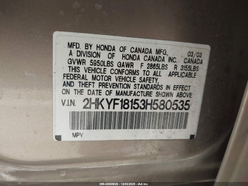 2003 Honda Pilot Lx VIN: 2HKYF18153H580535 Lot: 43855028