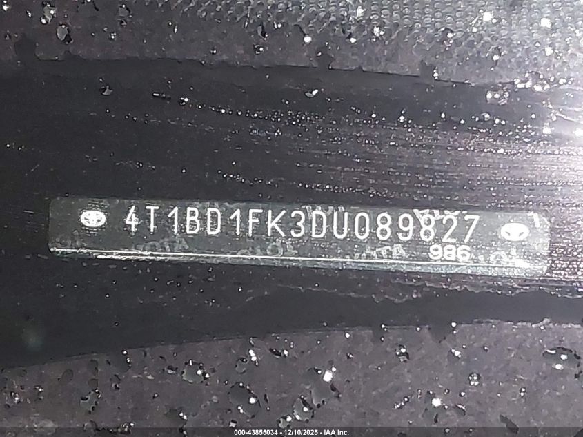 2013 Toyota Camry Hybrid Xle VIN: 4T1BD1FK3DU089827 Lot: 43855034