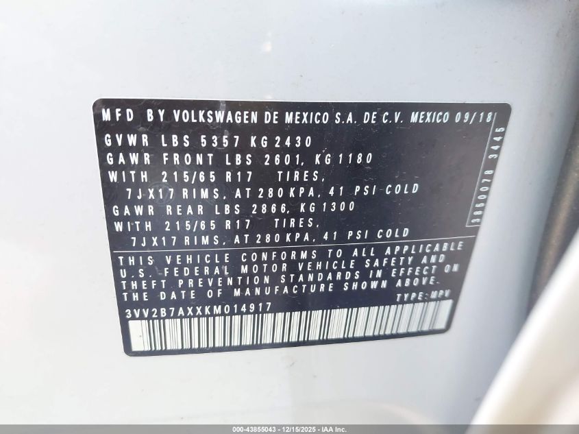 2019 Volkswagen Tiguan 2.0T Se/2.0T Sel/2.0T Sel R-Line/2.0T Sel R-Line Black VIN: 3VV2B7AXXKM014917 Lot: 43855043