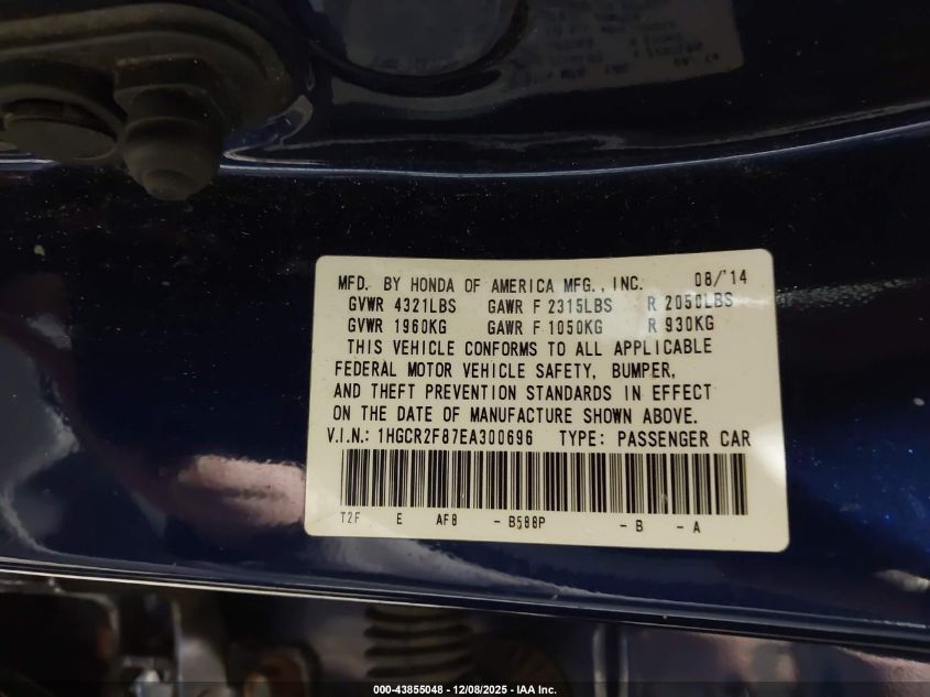 2014 Honda Accord Ex-L VIN: 1HGCR2F87EA300696 Lot: 43855048