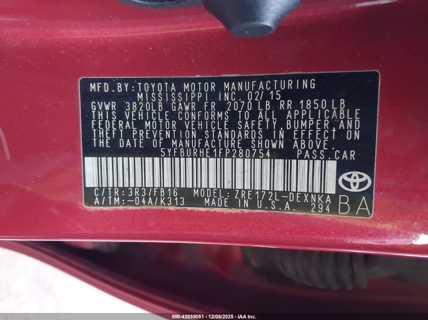 2015 Toyota Corolla Le VIN: 5YFBURHE1FP280754 Lot: 43855051