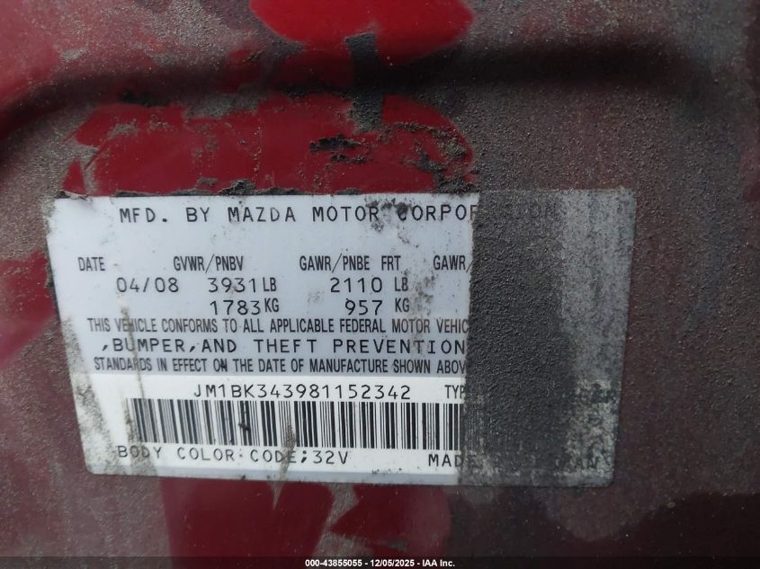 2008 Mazda Mazda3 S Sport VIN: JM1BK343981152342 Lot: 43855055