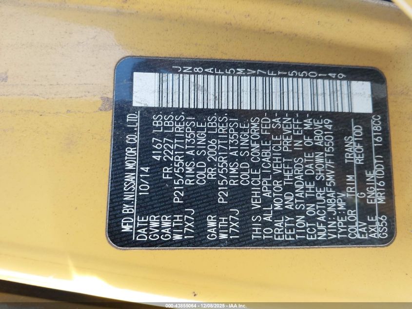 2015 Nissan Juke Sv VIN: JN8AF5MV7FT550149 Lot: 43855064