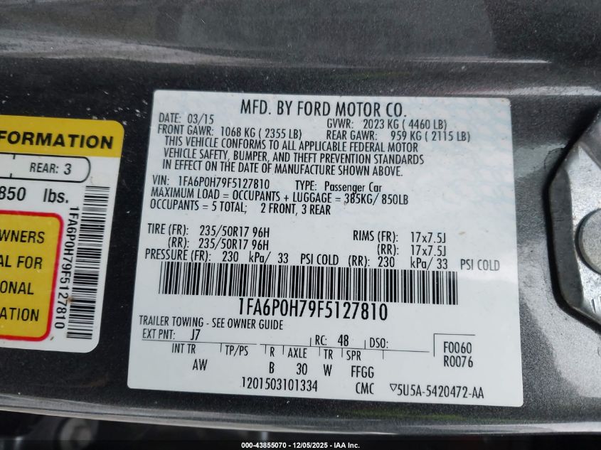 2015 Ford Fusion Se VIN: 1FA6P0H79F5127810 Lot: 43855070