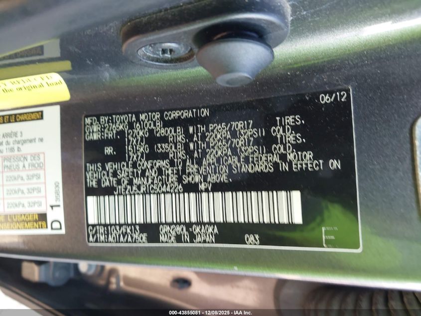 2012 Toyota 4Runner Sr5 VIN: JTEZU5JR1C5044226 Lot: 43855081