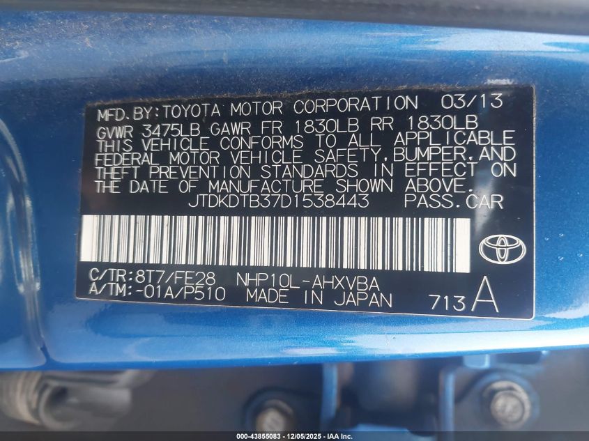 2013 Toyota Prius C One VIN: JTDKDTB37D1538443 Lot: 43855083