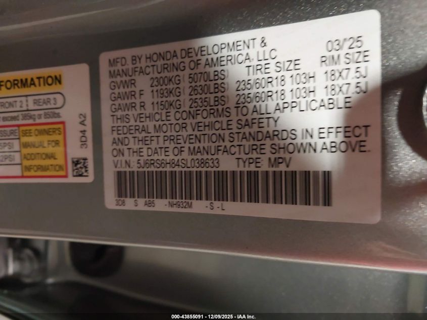 2025 Honda Cr-V Hybrid Sport-L VIN: 5J6RS6H84SL038633 Lot: 43855091