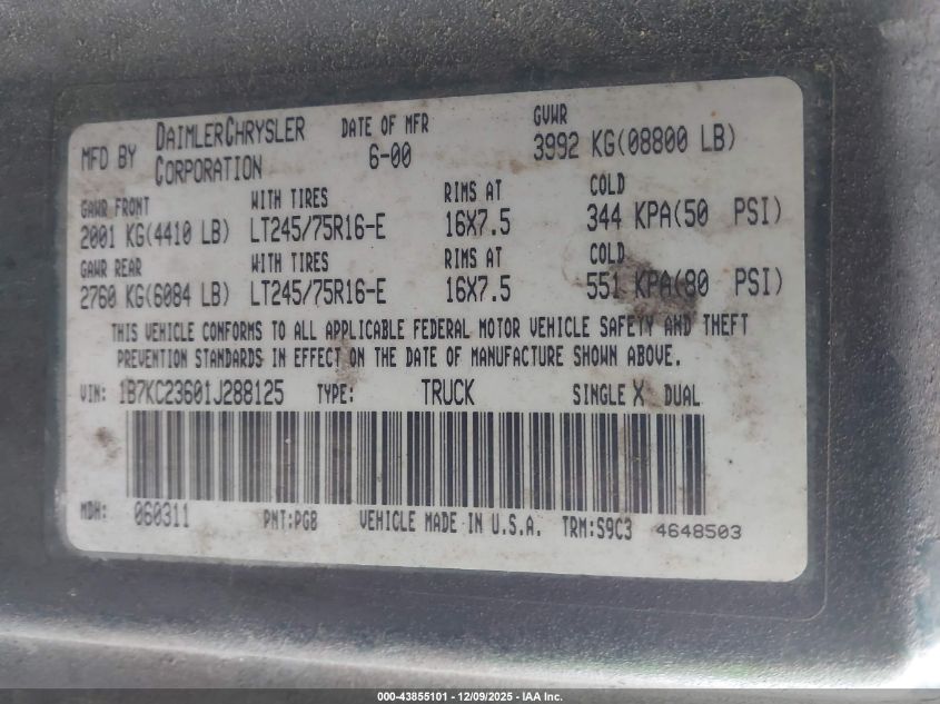 2001 Dodge Ram 2500 St VIN: 1B7KC23601J288125 Lot: 43855101