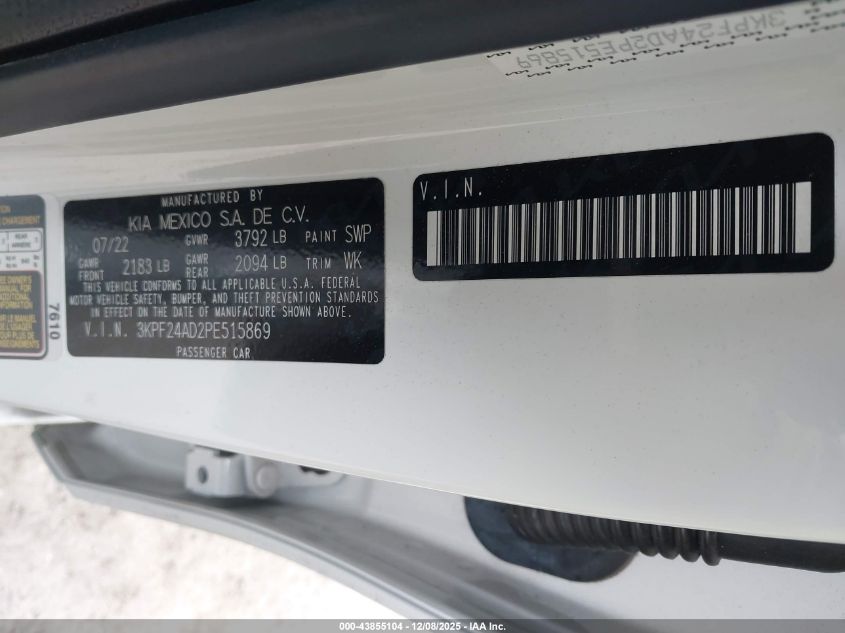 2023 Kia Forte Lxs VIN: 3KPF24AD2PE515869 Lot: 43855104