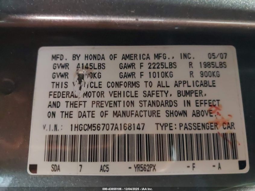 2007 Honda Accord 2.4 Ex VIN: 1HGCM56707A168147 Lot: 43855106