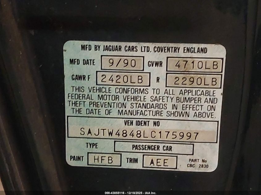 1990 Jaguar Xjs Classic Collection VIN: SAJTW4848LC175997 Lot: 43855116