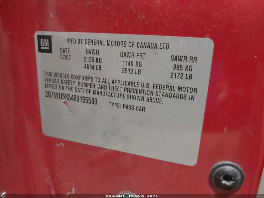 2008 Chevrolet Impala Ltz VIN: 2G1WU583489155509 Lot: 43855117
