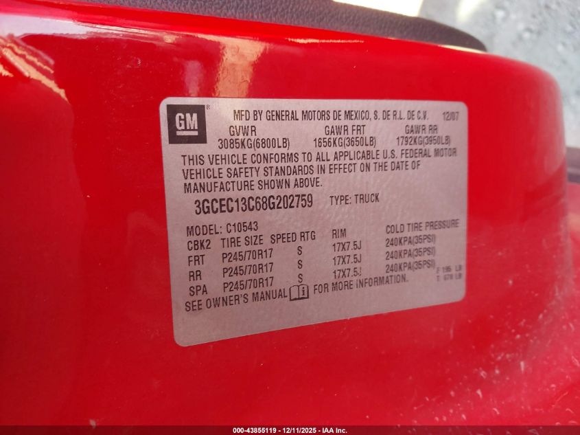 2008 Chevrolet Silverado 1500 Lt1 VIN: 3GCEC13C68G202759 Lot: 43855119