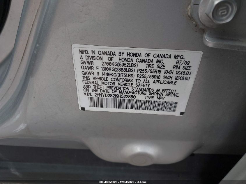 2009 Acura Mdx VIN: 2HNYD28219H522860 Lot: 43855126