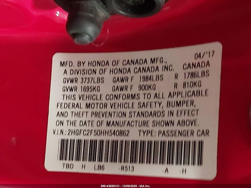 2017 Honda Civic Lx VIN: 2HGFC2F50HH540862 Lot: 43855131